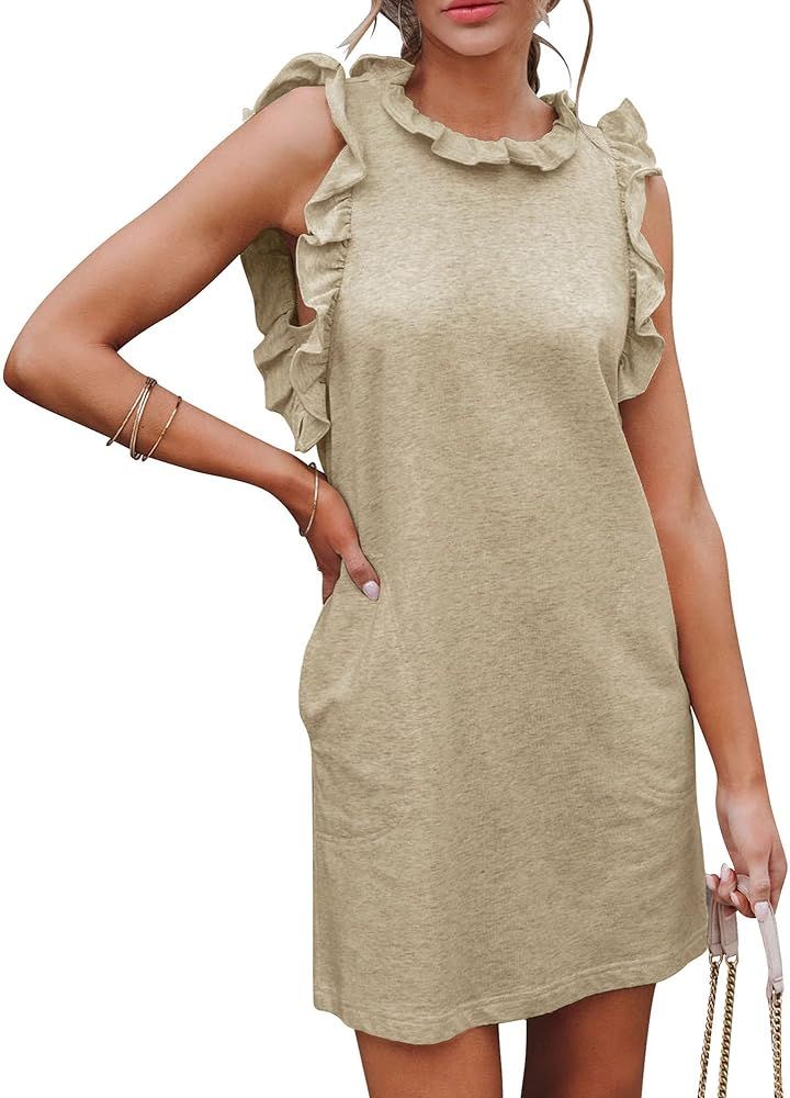 Uincloset Women's Summer Sleeveless Ruffle Sleeve Mini Dress Casual Crew Neck Pocketed Tunic Dres... | Amazon (US)