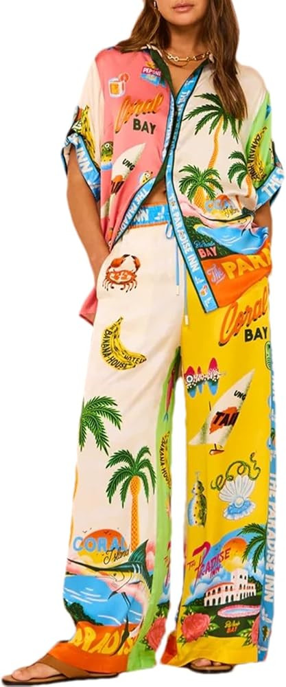 Women's 2 Piece Print Pajama Sets Short Sleeve Button Down Tops Drawstring Wide Leg Long Pants Sl... | Amazon (US)