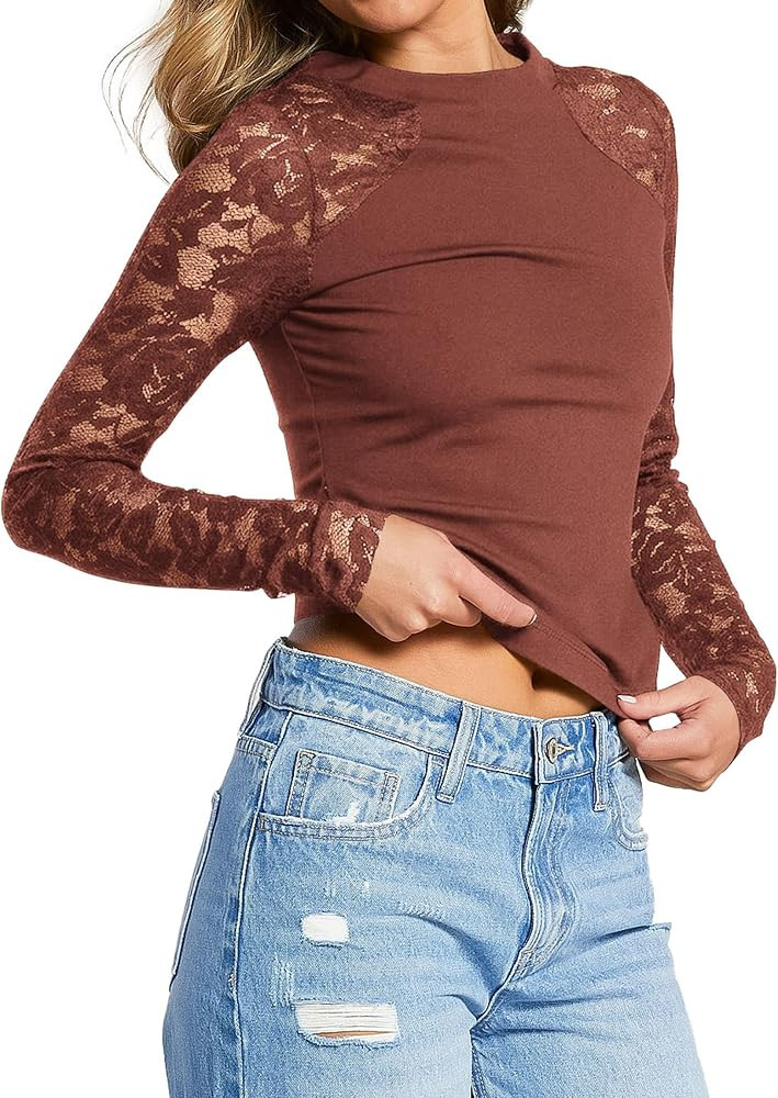 PRETTYGARDEN Sheer Lace Raglan Long Sleeve Shirts for Women | Amazon (US)