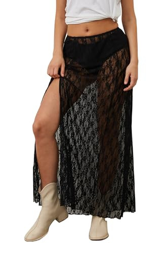 Burtell Sexy Sheer Lace Maxi Skirt for Women Y2K Floral Embroidered High Slit Skirts Summer See Through Long Beach Skirts Black | Amazon (US)