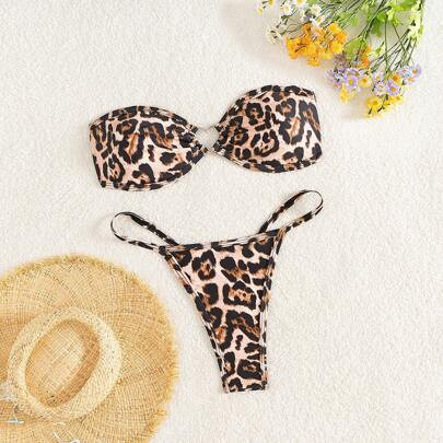 Swim Summer Beach Vacation Outfits Woman Cheetah Print Heart Bikini Sets | SHEIN