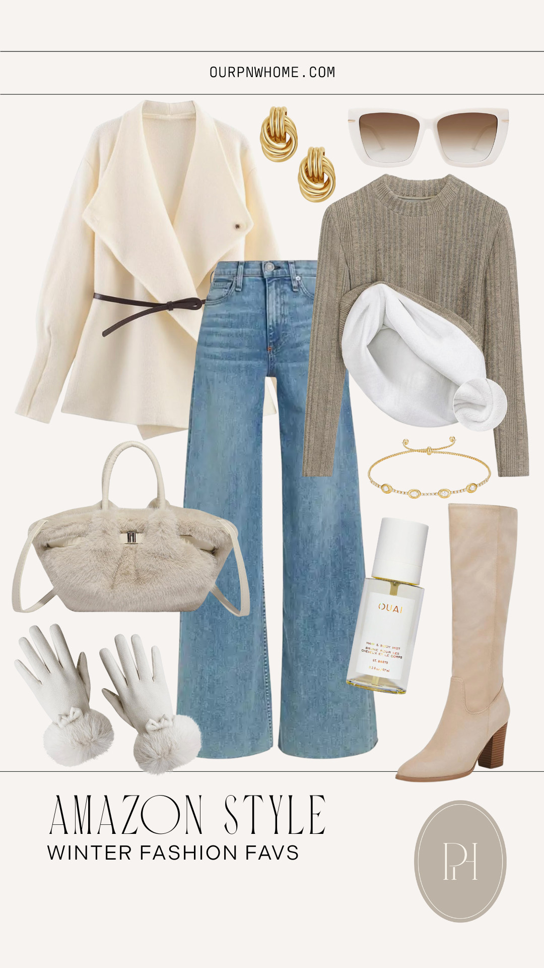 Winter fashion favs from Amazon!

wide leg jeans, wide leg denim, flared jeans, medium wash jeans, fleece lined sweater, tan boots, knee high boots, suede boots, faux fur handbag, white cardigan, cardigan coat, sweater coat, gold earrings, knot earrings, tennis bracelet, white sunglasses, body spray, winter gloves, winter fashion, winter style, winter looks, winter outfit 

 #LTKootd #LTKSeasonal #LTKWorkwear