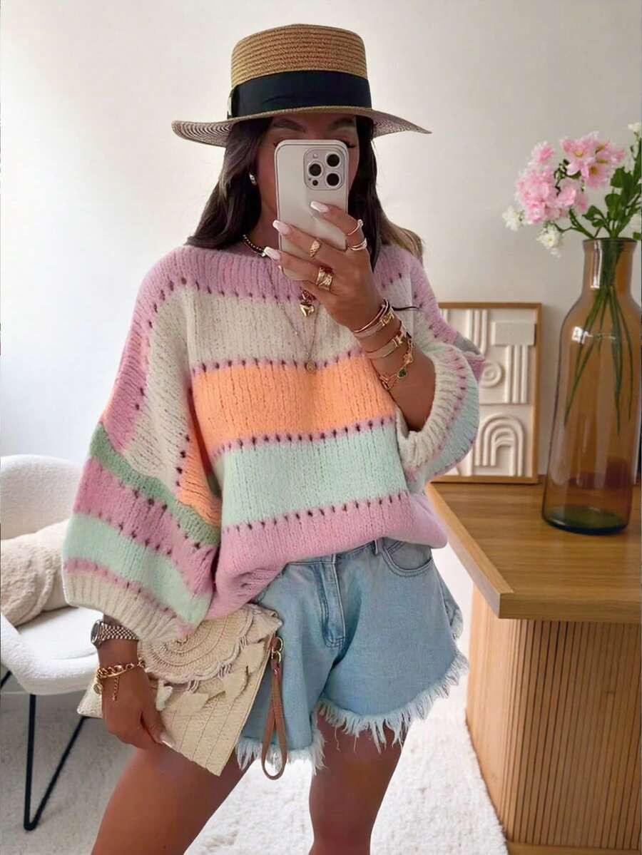 Women's Autumn/Winter New Off-Shoulder Vintage Contrast Color Dopamine Striped Knit Sweater, Back... | SHEIN