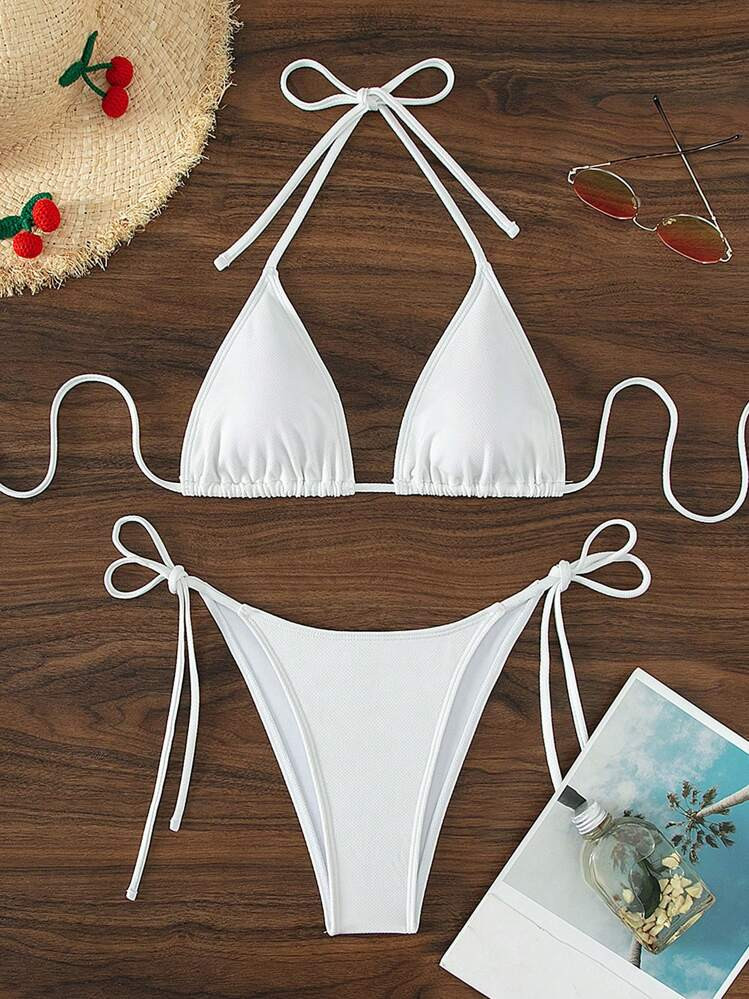 SHEIN Swim Summer Beach Halter Triangle Tie Side Bikini Set | SHEIN