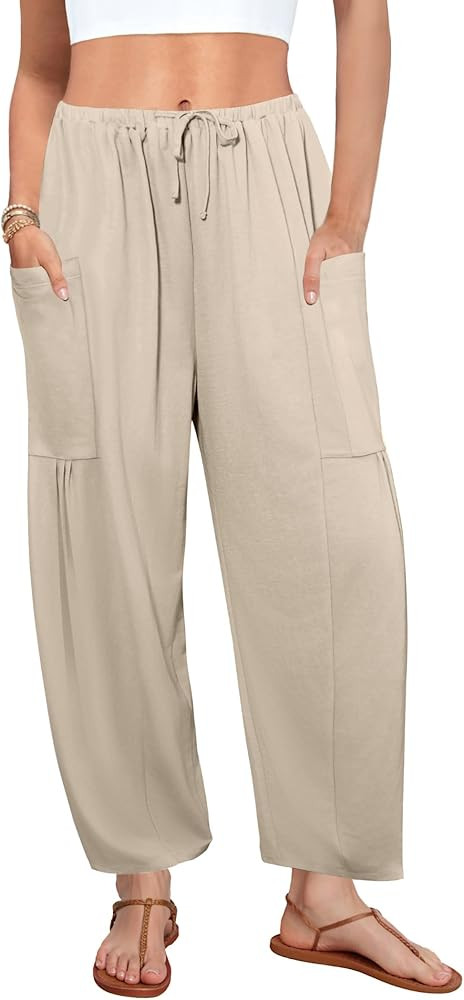 DLOODA Flowy Wide Leg Pants for Women, Drawstring Palazzo Harem Pants Casual Beach Vacation Trous... | Amazon (US)