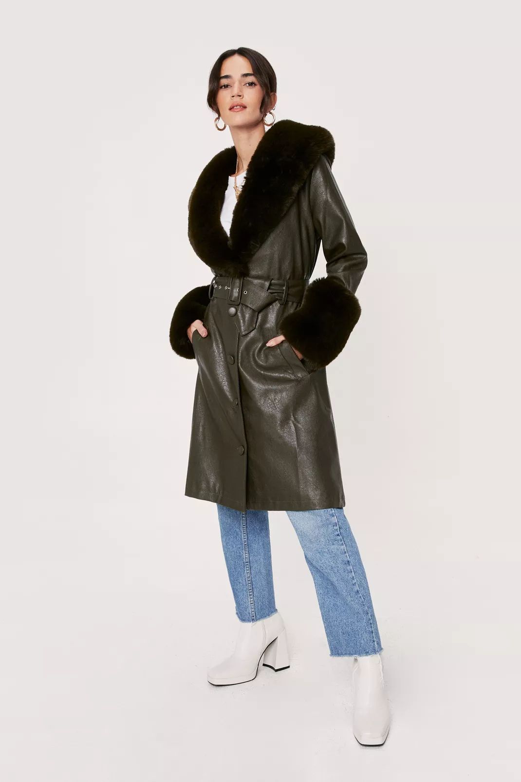 Petite Faux Leather Faux Fur Trim Trench Coat | Nasty Gal (US)