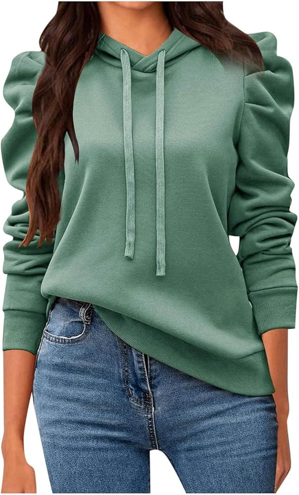 Women's Casual Puff Long Sleeve Hoodie Lightweight Pullover Tops Solid Loose Sweatshirt Fall Outf... | Amazon (US)