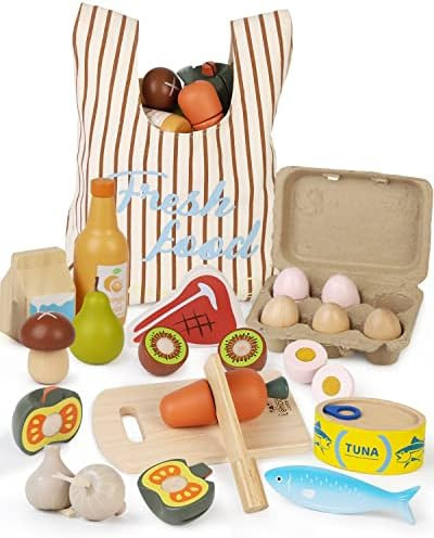 Wooden Play Food Sets for Kids Kitchen, Food Toys for Toddlers 3+ Year Old, with Shopping Bag, Pr... | Amazon (US)