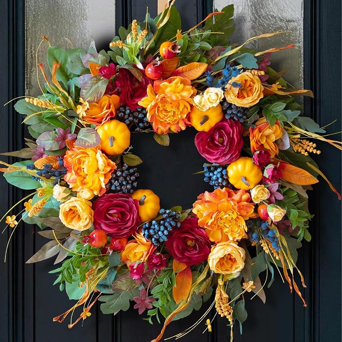 24 Inch Artificial Harvest Fall Wreath for Front Door,Porch & Entryway,Wall | Amazon (US)