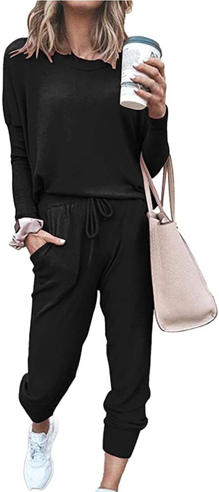 PRETTYGARDEN Women’s Solid Color Two Piece Outfit Long Sleeve Crewneck Pullover Tops And Long P... | Amazon (US)