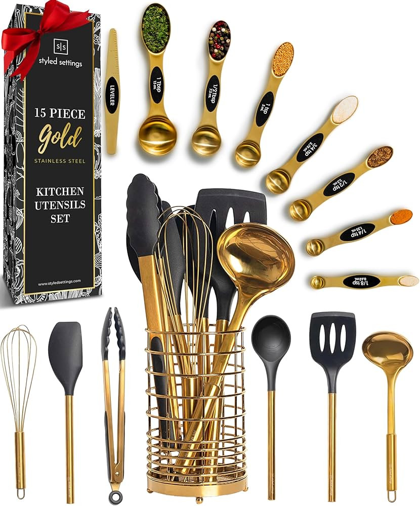 Styled Settings Black and Gold Kitchen Utensils Set - 15 Piece Set Includes Gold and Black Silico... | Amazon (US)