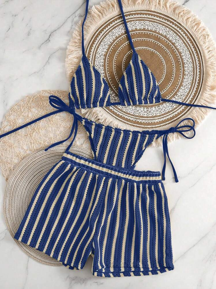 Swim Vcay 3pcs/Set Boho Style Crochet Fabric Drawstring Swimsuit Cover Up Bikini Set For Summer Beach Vacation | SHEIN