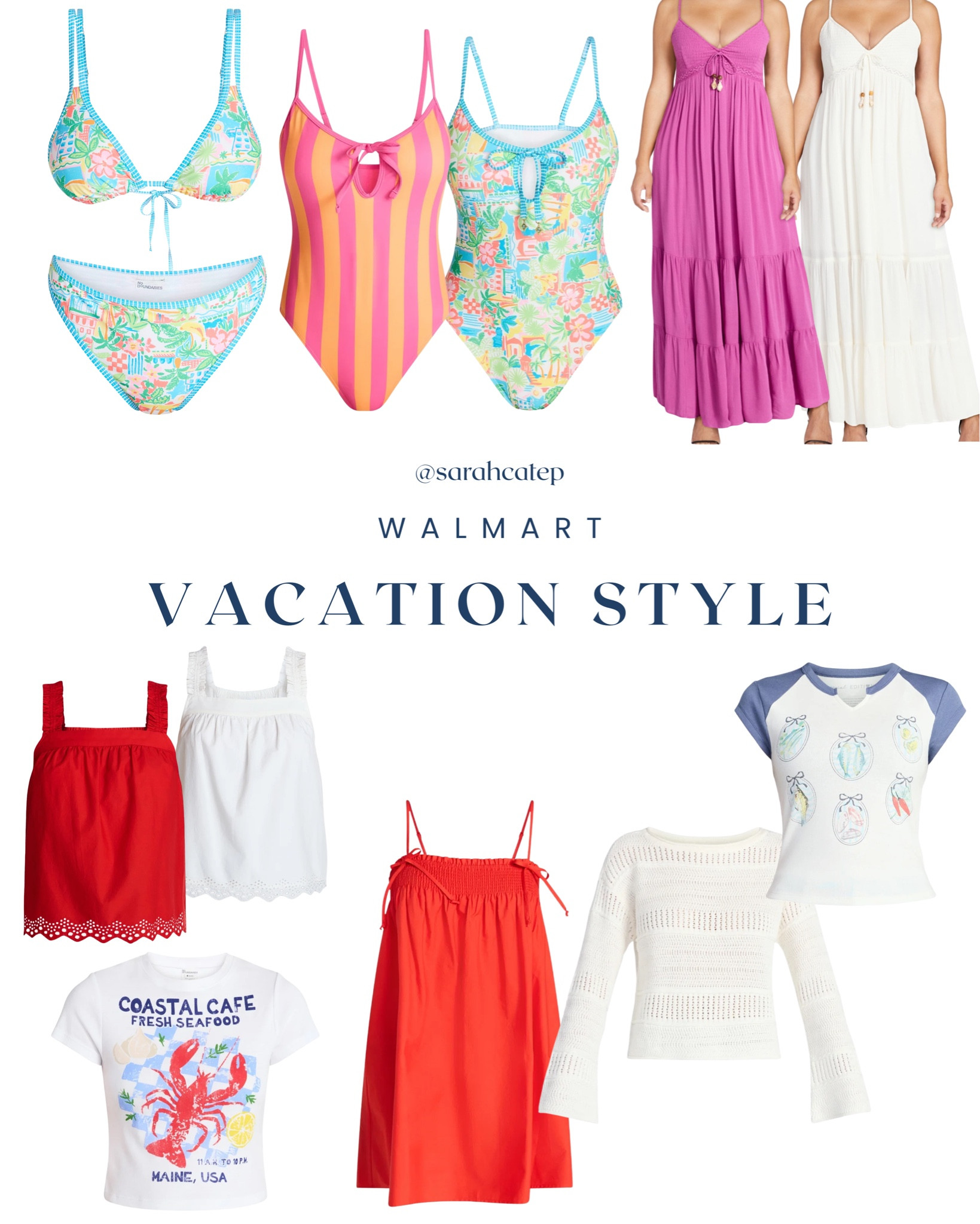Walmart Vacation style • Walmart fashion • one piece swim • bikini • pink and orange • sardine shirt • eyelet top • crochet top • sundress • coastal fashion 

#LTKSwim #LTKootd #LTKTravel