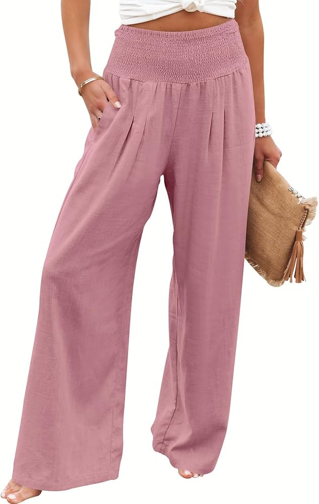 ANRABESS Women Linen Palazzo Pants Summer Boho Wide Leg High Waist Casual Lounge Pant, Prime Day ... | Amazon (US)