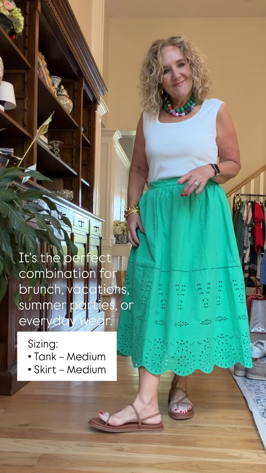 The skirt has beautiful eyelet detailing with a scalloped hem that gives it an elevated feel, and it’s lightweight enough for even the warmest days.

Sizing:
• Tank – Medium
• Skirt – Medium

💛 LTK MADE EASY 
❤️ Heart = Support my posts 
🔖 Save = Get sale & restock alerts 💬 Comment if you have sizing questions!

#LTKootd #LTKSeasonal #LTKOver40