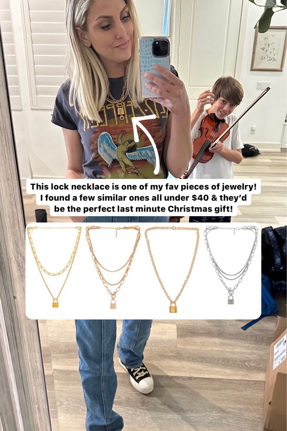 This gold lock necklace is one of my fav pieces of jewelry! I found a few similar ones all under $40 & they’d be the perfect last minute Christmas gift! I also found some dupes under $20 for this Led Zeppelin graphic tee! My high rise slim cargo jeans are GRLFRND brand from Revolve & they’re on sale now!

#LTKGiftGuide #LTKHoliday #LTKfindsunder50