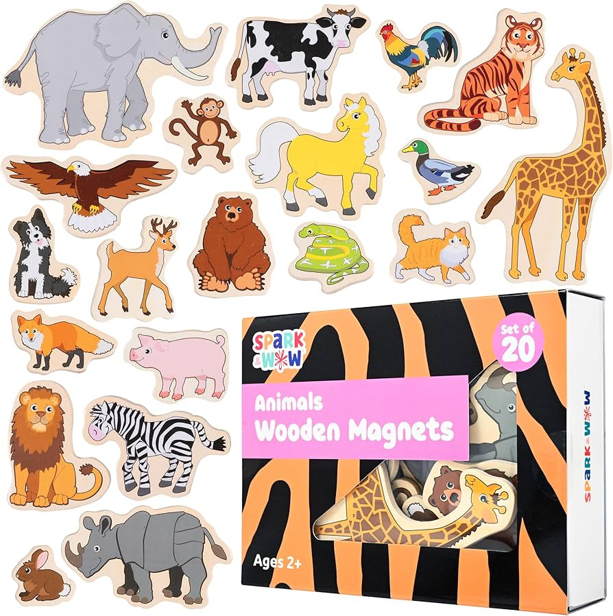 SPARK & WOW Wooden Magnets - Animals - Set of 20 - Magnets for Kids Ages 2+ - Cute Animal Magnets... | Amazon (US)