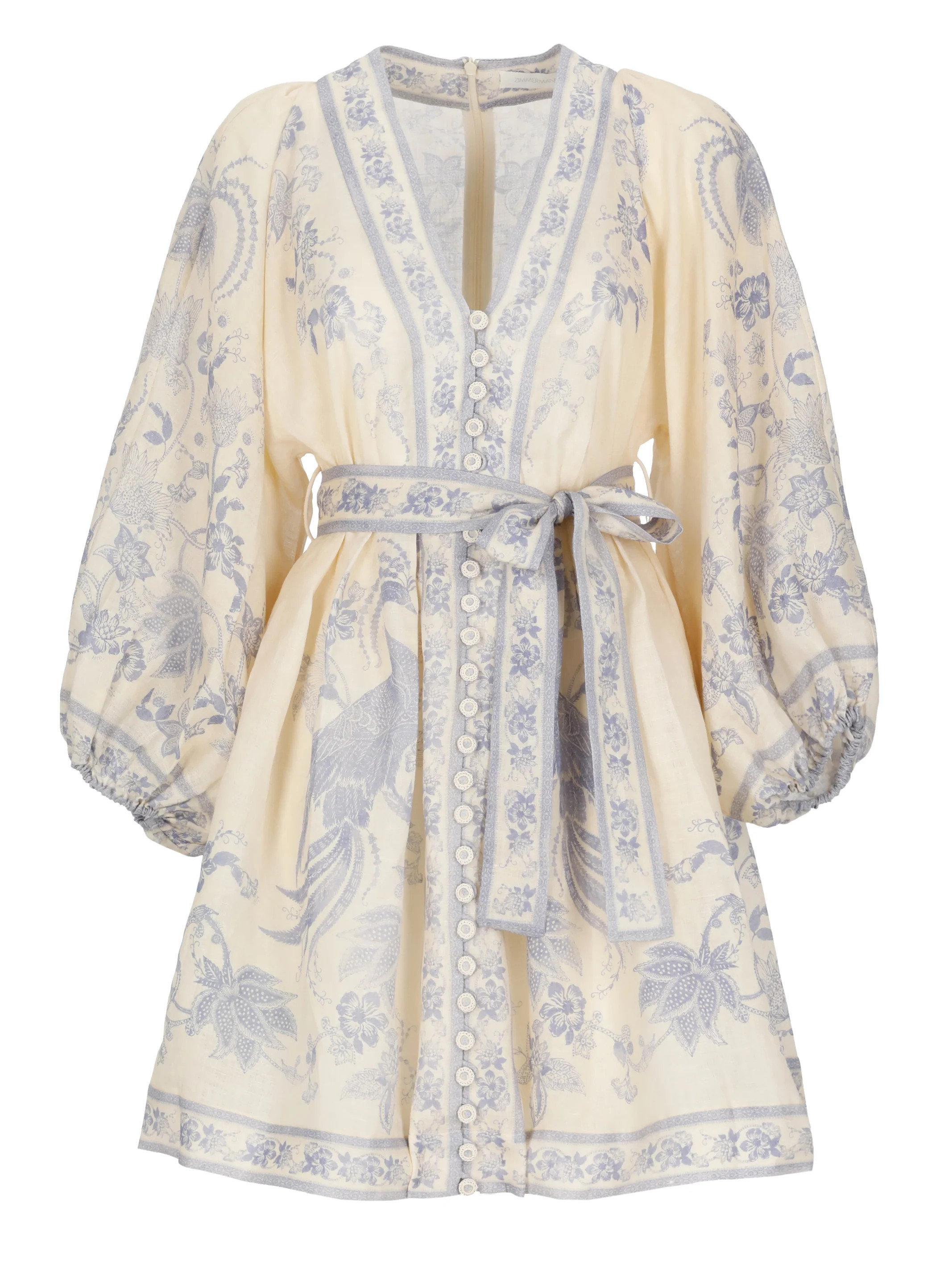 Floral Linen Midi Dress With V-Neckline And Puff Sleeves | Shop Simon