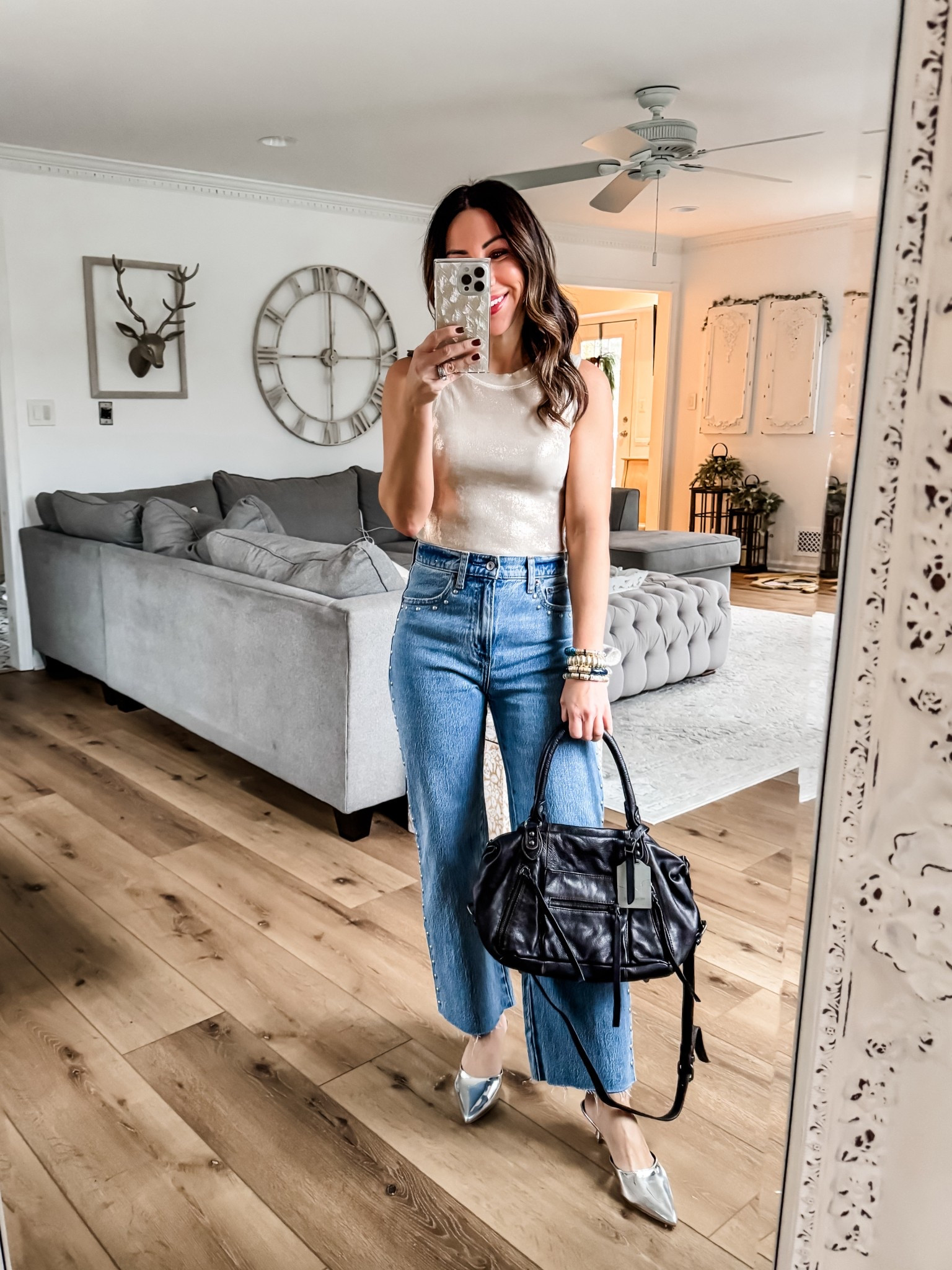 Code TAMMY10 at Studio 4. Small gold tank top, 25 short jeans. I cut them. Holiday outfit.

#LTKHoliday #LTKFindsUnder100 #LTKOver40