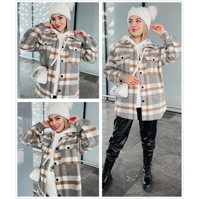 Astylish Shackets Women Long Sleeve Button Down Plaid Blouse Jackets Vintage Shirt Tops with Ches... | Walmart (US)