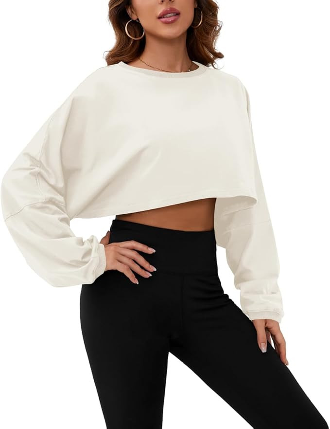 Meladyan Women Long Sleeve Crewneck Crop Top Tee Shirt Sweatshirt Casual Solid Loose Fit Workout ... | Amazon (US)