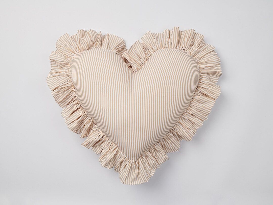 Beige stripe cotton heart ruffled cushion | Etsy (US)