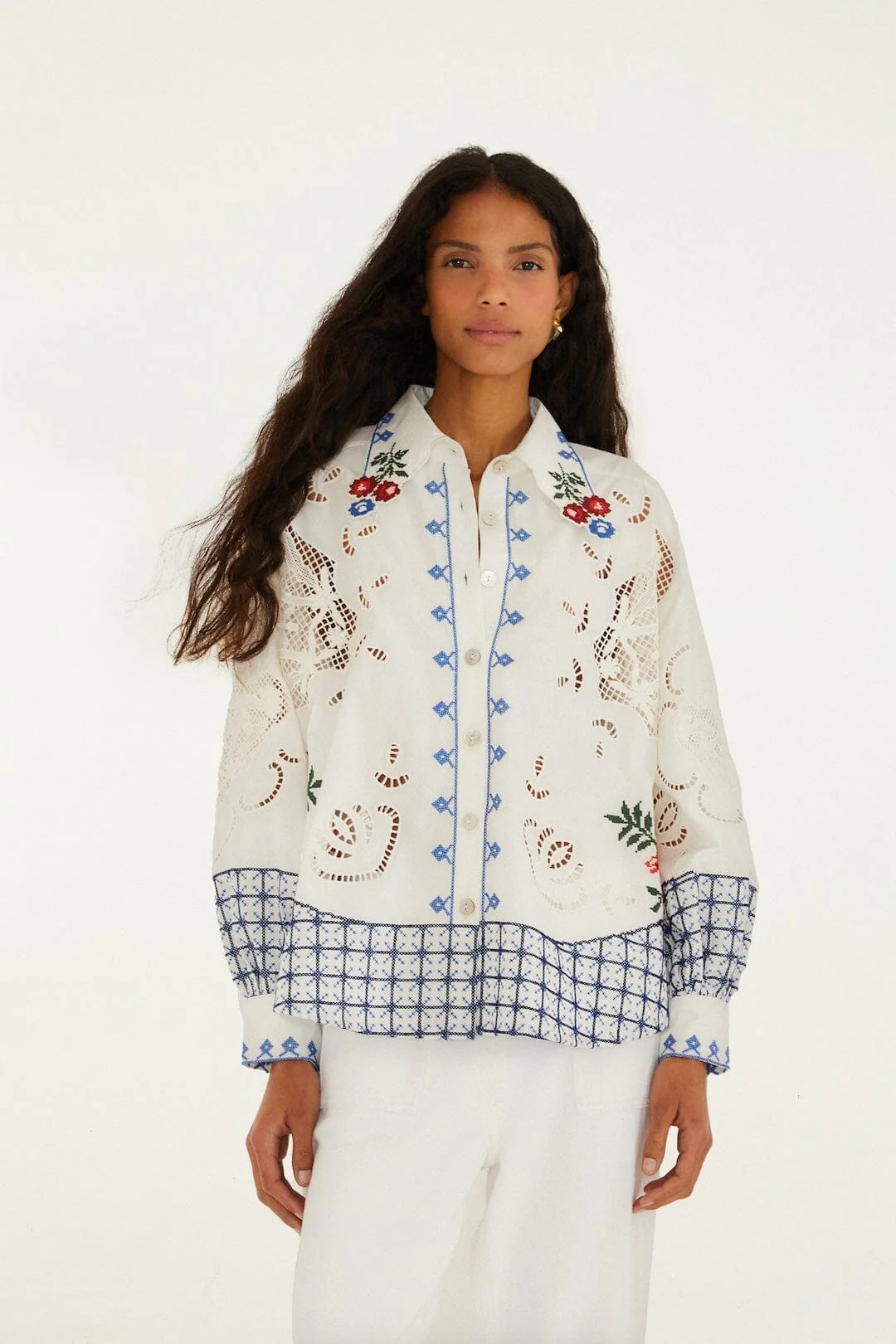 Off-White Flowers Embroidery Richelieu Shirt | FARM Rio | Farm Rio UK