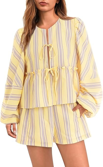 Tankaneo Womens 2 Piece Outfits Tie Front Peplum Tops Shorts Sets Striped Puff Long Sleeve Blouse... | Amazon (US)