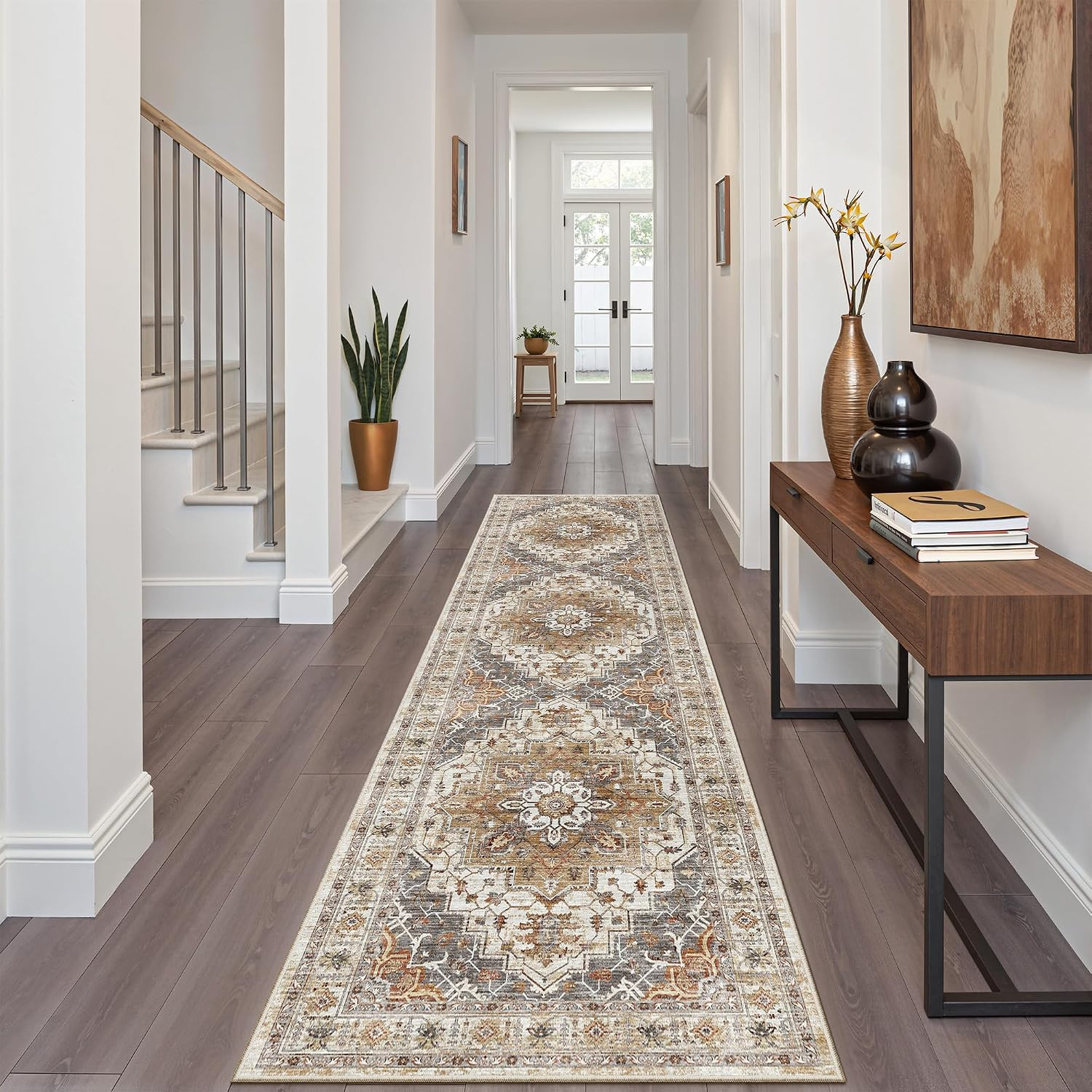 Hallway Runner Rug 2x8 Washable Kitchen Rugs Non-Slip, Turmeric/Grey | Amazon (US)