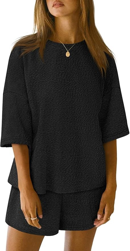 Tankaneo Womens 2 Piece Outfits Lounge Sets 3/4 Sleeve Oversized Tops and Elastic Waist Shorts Pa... | Amazon (US)
