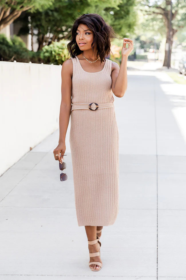 Wonder About Me Tan Belted Midi Dress FINAL SALE | Pink Lily