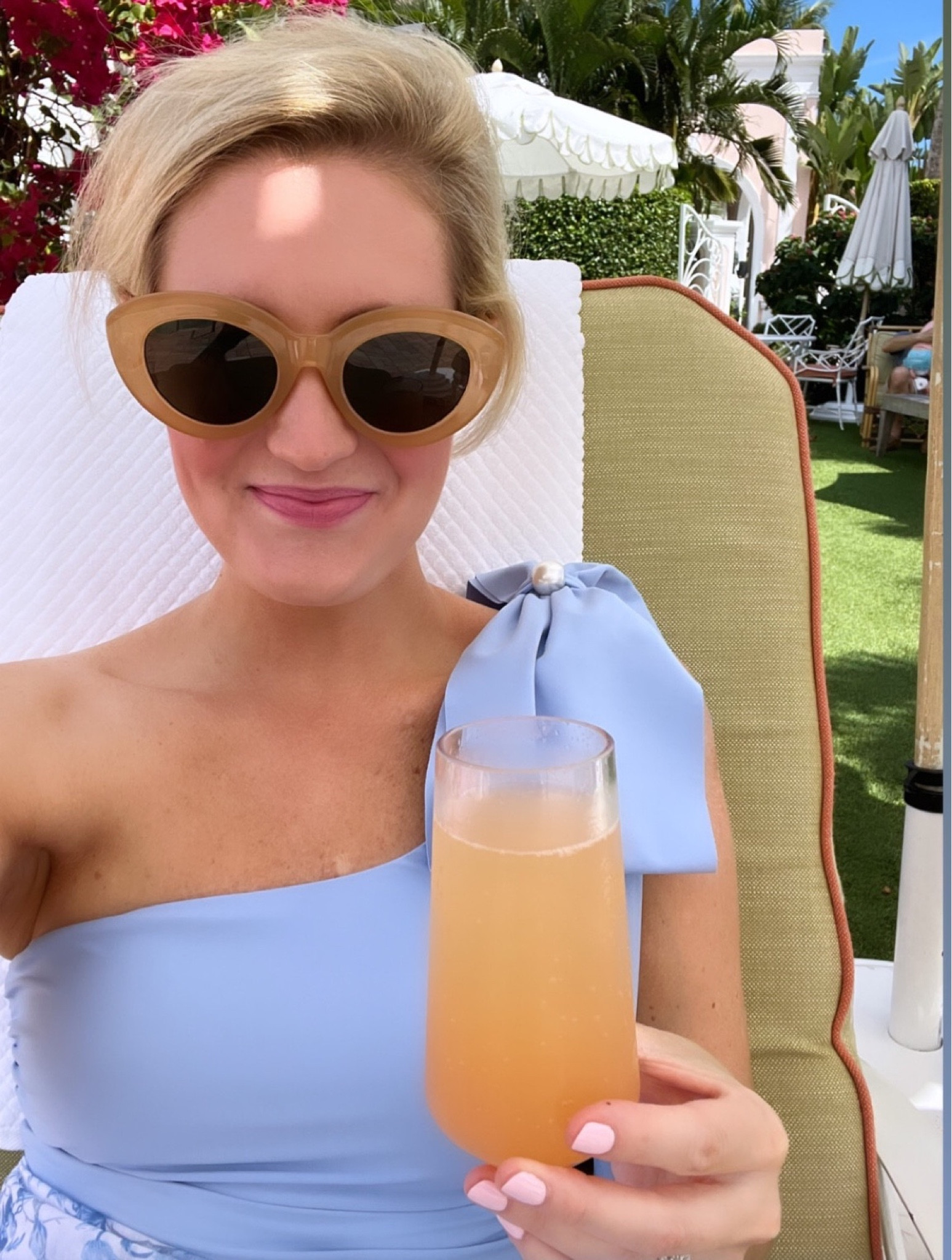 Bow swimsuit! I sized up from a medium to a large! It's absolutely darling! #bowswimsuit #sunglasses #dillards #amazon #sarong #onepieceswimsuit #blue