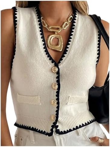 SOLY HUX Women's Button Down V Neck Crop Sweater Vest Sleeveless Fitted Knit Tank Top | Amazon (US)