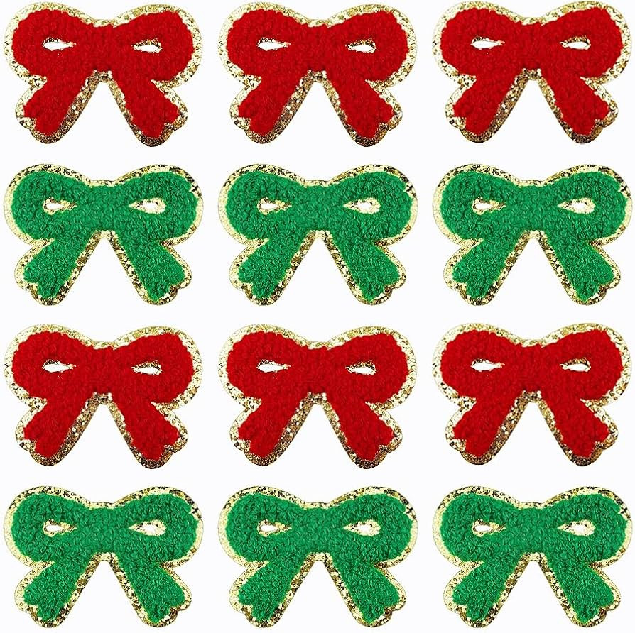12 PCS Bow Patches - Gold Edges Chenille Bow Applique for DIY Decorative Clothes Bags | Amazon (US)