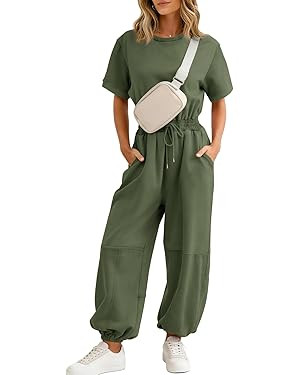 Flygo One Piece Jumpsuits for Women Crewneck Short Sleeve Casual Wide Leg Long Pants Drawstring R... | Amazon (US)