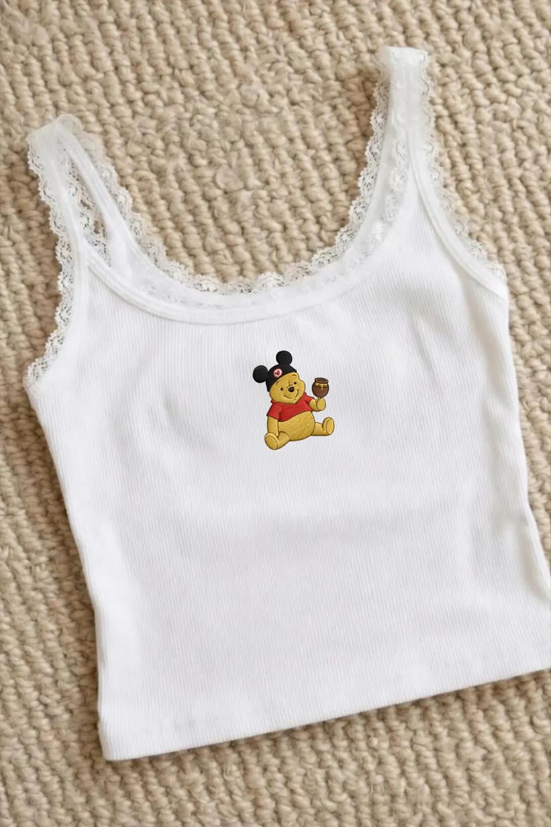 Winnie The Pooh Embroidered Lace Tank Top, Cute Pooh Bear Honey Disney Cami, Kawaii Cartoon Ribbe... | Etsy (Global)