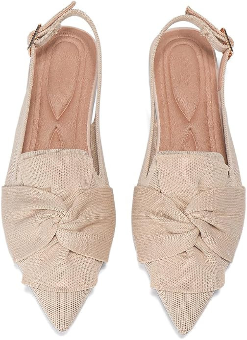 Women's Pointed Toe Knit Ballet Flats with Ankle Strap, Slip-On Comfortable Dressy Office Work Ca... | Amazon (US)