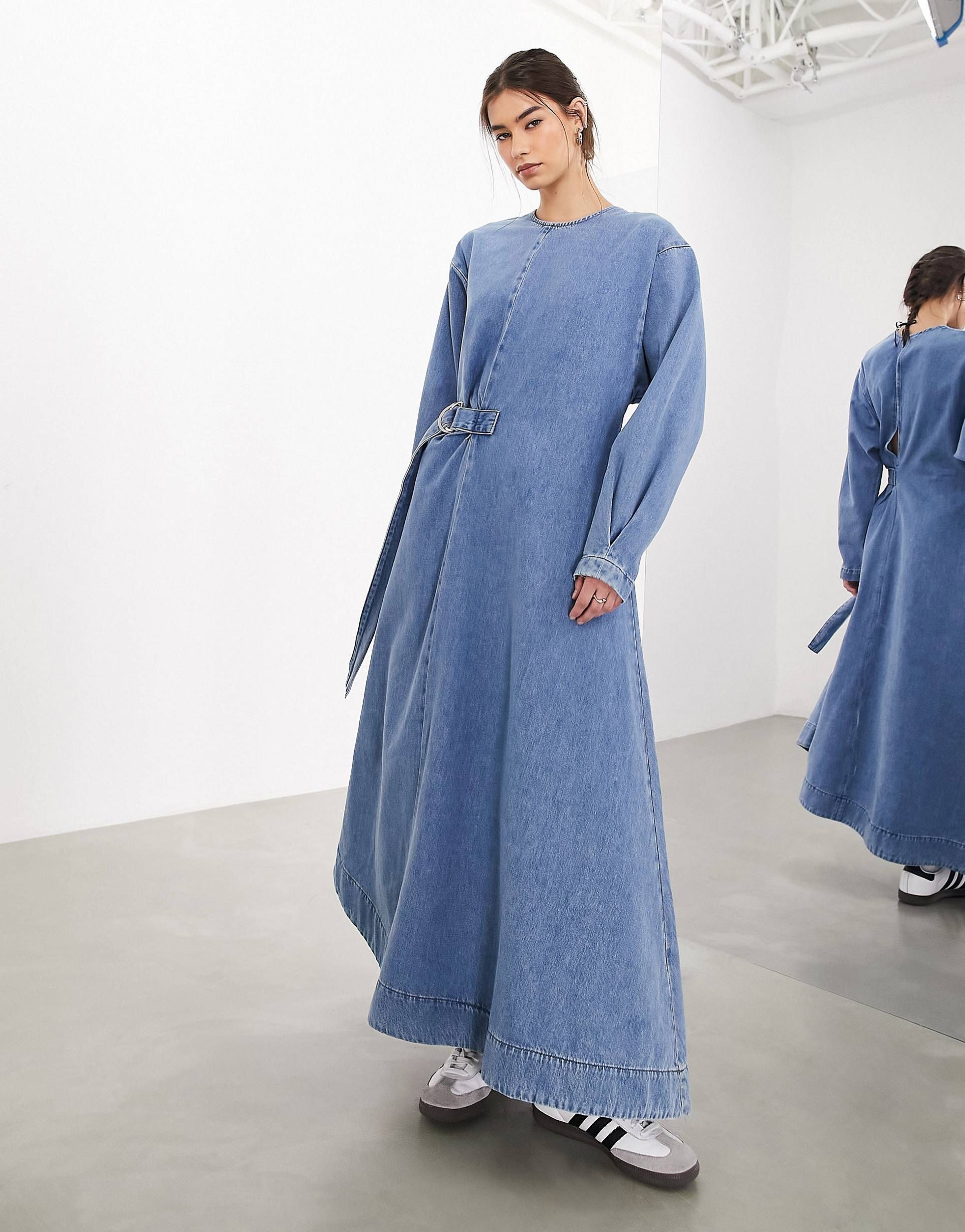 ASOS EDITION denim long sleeve maxi dress with d ring in mid wash blue | ASOS | ASOS (Global)