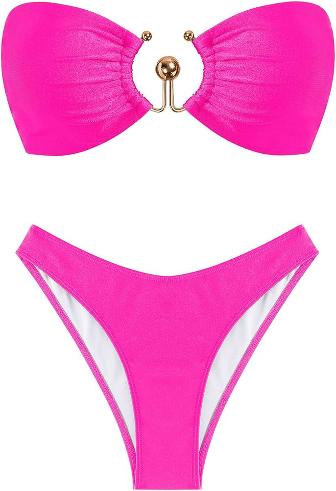 ZAFUL Womens Bandeau Bikini Set Metallic Sparkly O Ring Lace Up High Cut Tanga Sexy Bathing Suit ... | Amazon (US)