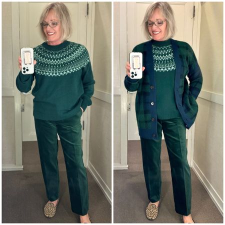 Easy holiday look for everyday wear currently 40% off. 
Wearing a M fair isle sweater, S in plaid cardigan, and 6 regular in velvet pants  

#LTKHolidaySale #LTKfindsunder50 #LTKparties