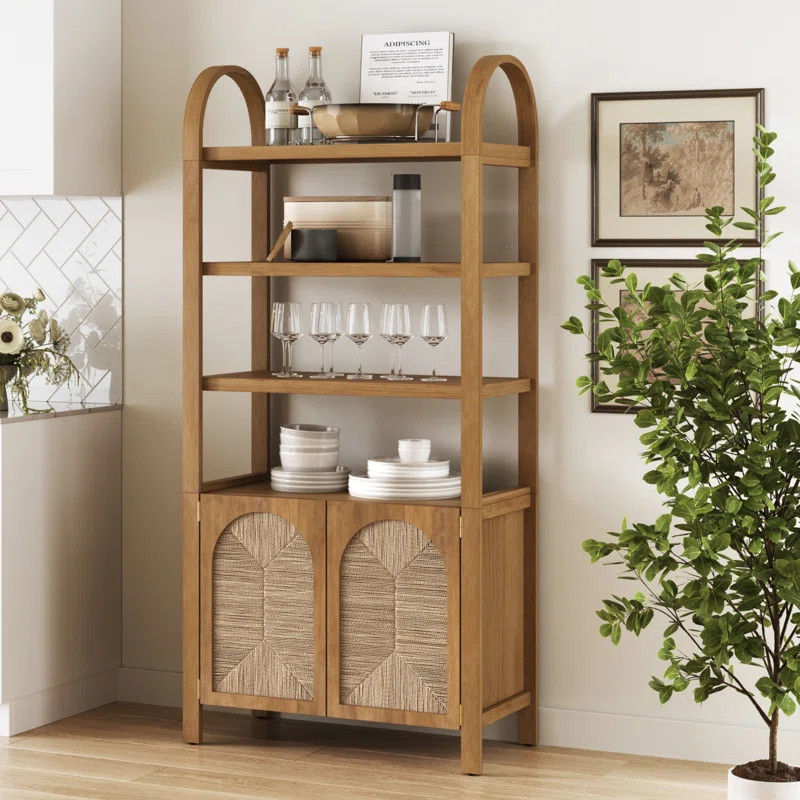 Arched 3-Tier Bookshelf With Seagrass Cabinet Base | Wayfair North America