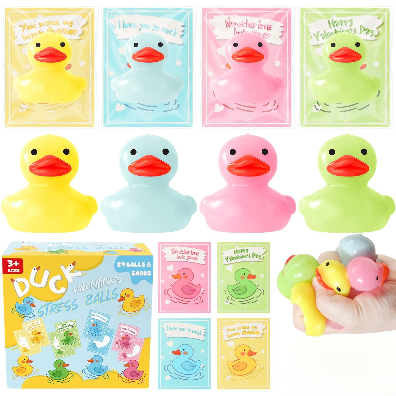 24-Pack Valentine's Day Rubber Duck Stress Balls with Cards, Valentines Gift Exchange Squishy Toy... | Amazon (US)