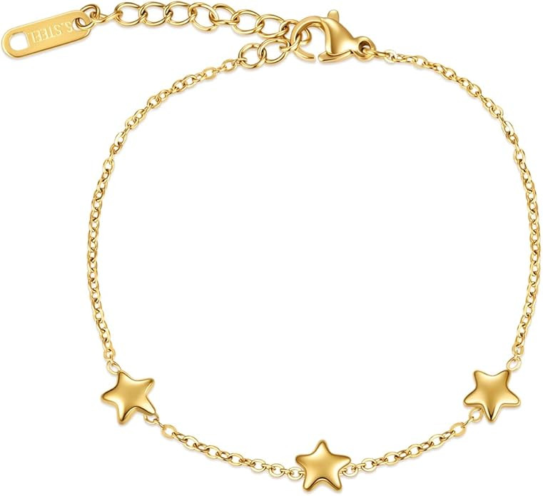 Dainty Star Bracelet for Women,Stainless Steel 3 Stars Chain Adjustable Size | Amazon (US)