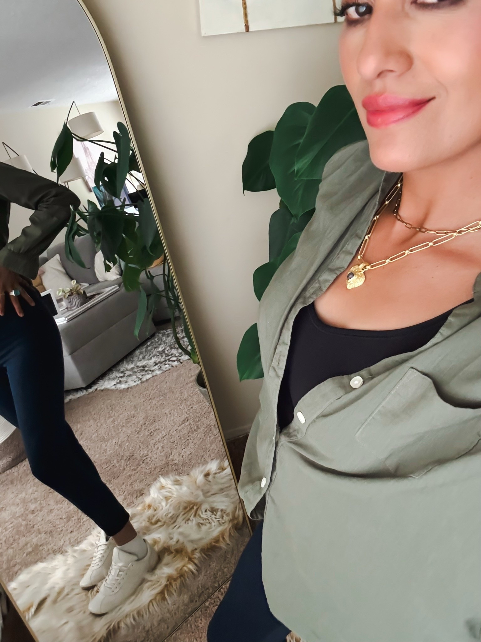 Effortless everyday style but make it elevated 🤍 Loving this comfy chic OOTD featuring my fave olive green Trovata short sleeve button-up layered over a Truekind bra, ultra flattering Yummie denim leggings, and clean classic Thousand Fell Driver sneakers. The perfect casual look for coffee runs, errands, mom life, or a cute everyday outfit that still feels put together ✨ #LTKStyle #OOTD
Top size XS
Bra size S
Bottom size XS
Shoes size 8

casual chic outfit, everyday ootd, olive green button up outfit, trovata shirt style, yummie denim leggings review, flattering leggings outfit, truekind bra outfit, comfortable mom style, casual street style women, neutral outfit aesthetic, sneakers outfit women, thousand fell driver sneakers, comfy stylish outfit, minimalist fashion inspo, leggings and button up outfit, clean girl casual outfit, effortless everyday fashion, california casual style, elevated basics outfit, women’s casual fashion

#LTKStyle #LTKFinds #OOTD #EverydayStyle #CasualChic #LeggingsOutfit #SneakerStyle #MinimalStyle #MomStyle #NeutralFashion #StreetStyle #ComfyFashion #FashionInspo #EffortlessStyle #CleanGirlAesthetic #WomenFashion #StyleInspo #CasualOutfitIdeas #RedondoBeachStyle #LTKFashion

#LTKOver40 #LTKSeasonal #LTKSaleAlert