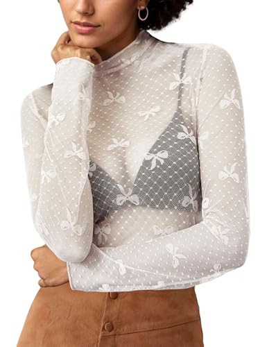 Ziesexy Sexy Lace Mesh Top Long Sleeve Sheer Top for Women See Though Mock Neck Bow Tee Shirt Blouse Beige | Amazon (US)