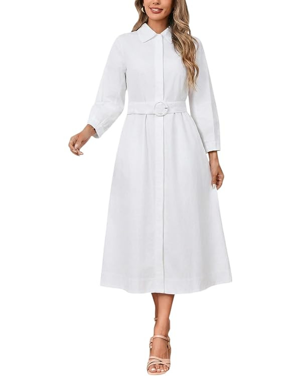 YEXPINE Womens Belted Cotton Shirt Dress Long Sleeve Collared Button Up Midi Dress Elegant Casual... | Amazon (US)
