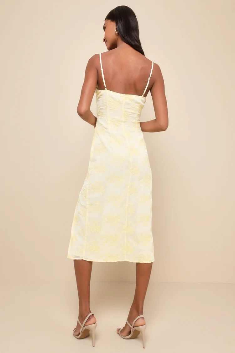 Lovely Existence Light Yellow Embroidered Cowl Neck Midi Dress | Lulus