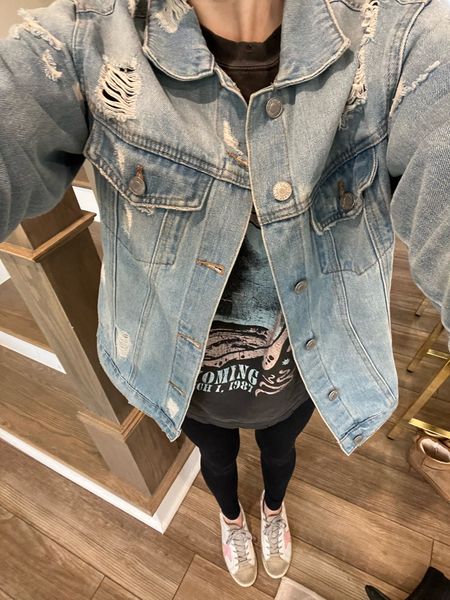 Causal outfit, spring outfit, black leggings, golden goose sneakers, oversized denim jacket, distressed denim jacket 

#LTKshoecrush #LTKunder100 #LTKunder50