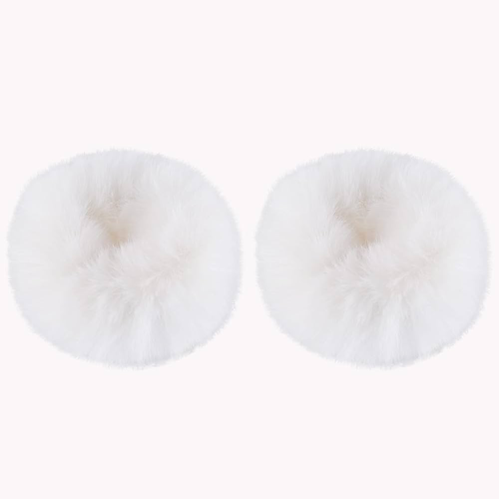 2 PCS White Faux Rabbit Fur Fuzzy Scrunchies - Fluffy Elastic Hair Bobbles, Ponytail Holders, and... | Amazon (US)