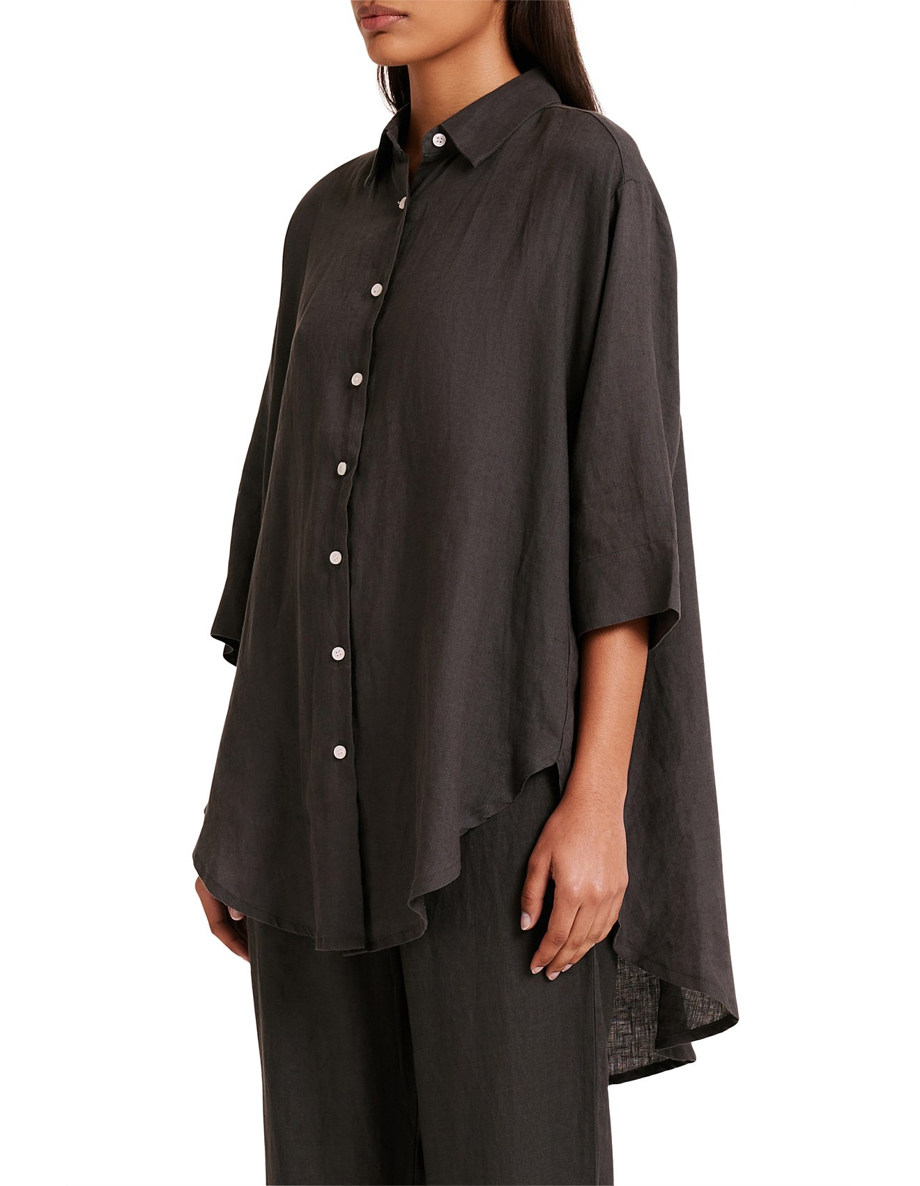 Nude Lucy Lounge Linen Longline Crop Sleeve Shirt | David Jones | David Jones (Australia & New Zealand)